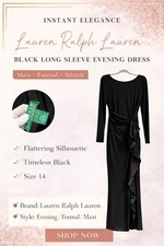 Lauren Ralph Lauren Black Long Sleeve Evening Dress 14 Maxi Ruffle Stretch 