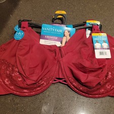 2 X Vanity Fair RADIANT Smooth Light Underwire Bra, 44D, Lined, Magenta, NWT