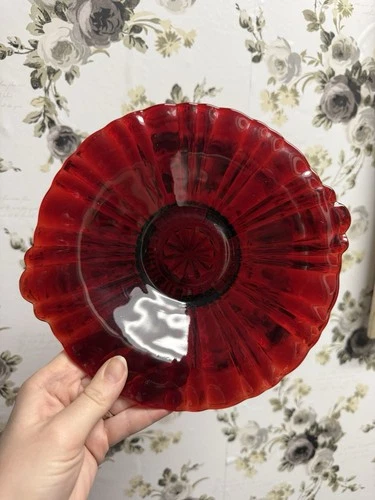 Vintage Anchor Hocking Old Cafe Royal Ruby Red Depression Glass 4 Handle Plate