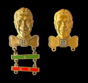 2 Vintage Radio Premium Pins, Joe E. Brown Fan Club, 1936, Grape Nuts - NICE!