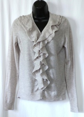 BROOKS BROTHERS Gry Cashmere Ruffled VNck Cardigan 34 In Chst 24 In Lng Sz M