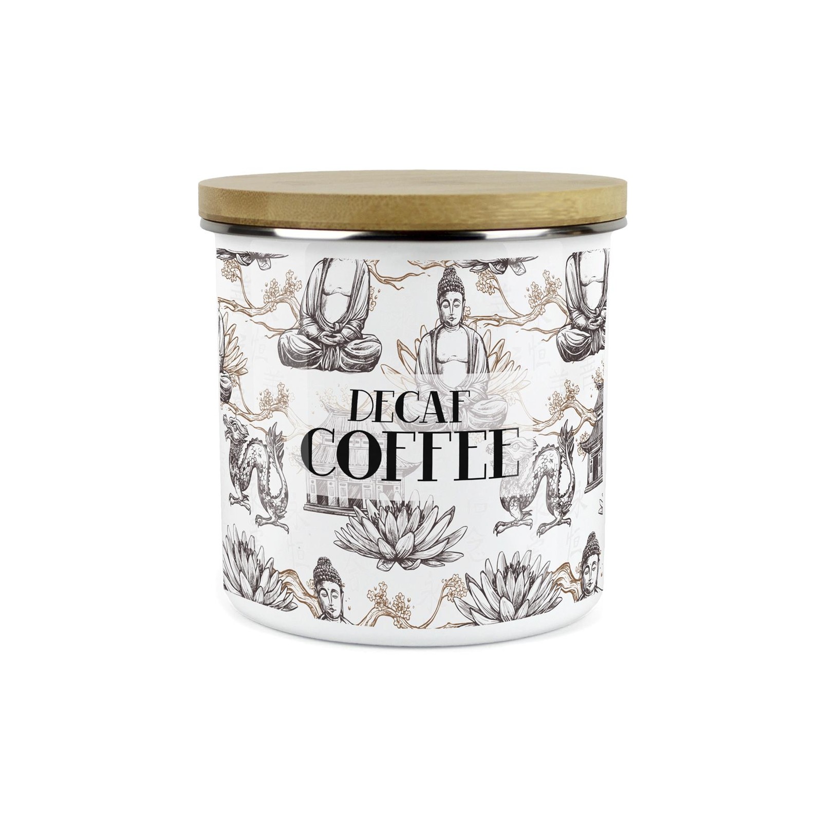 Decaf Coffee Storage Canister - Oriental Scene Enamel Kitchen Storage Jar