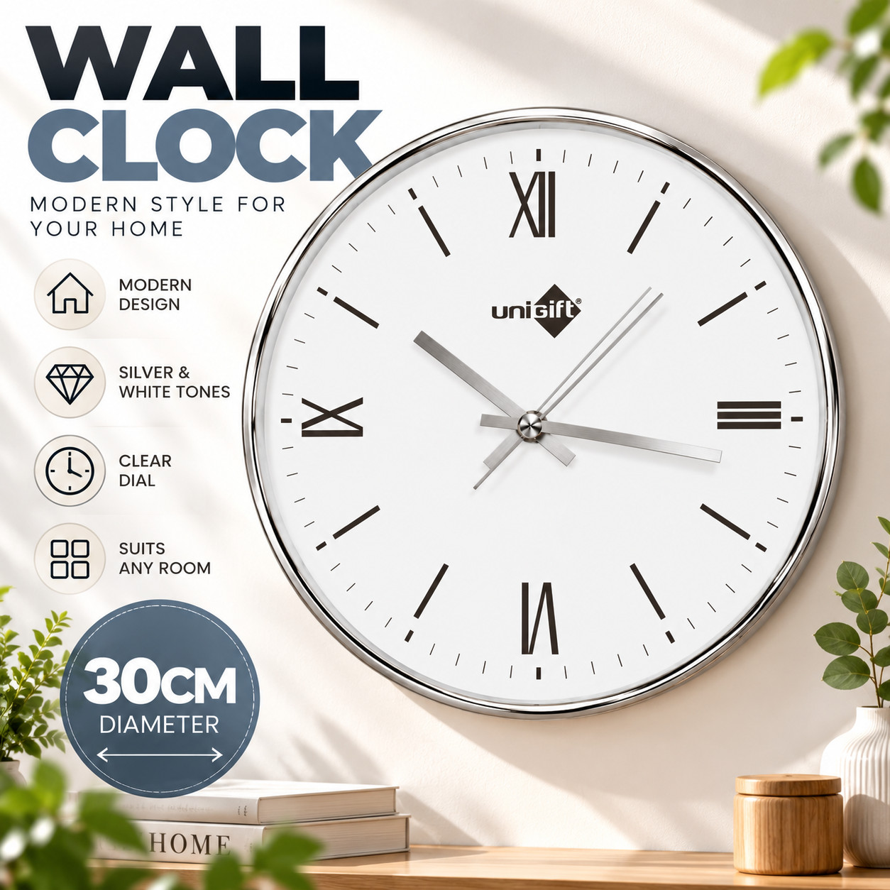 30cm Silver Wall Clock Modern Roman Numeral Round Analogue Home Office Decor
