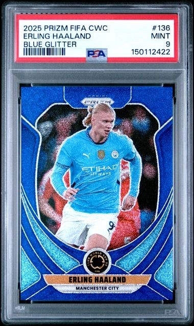 2025 PANINI PRIZM FIFA CLUB WORLD CUP 136 ERLING HAALAND BLUE GLITTER /149 PSA 9