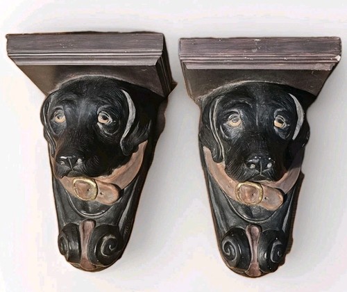 2 Painted Sculpted Labrador Dog Wall Shelves Sconce Telle Signed M Stein 1995