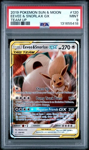 2019 POKEMON SUN & MOON TEAM UP #120 EEVEE & SNORLAX GX PSA 9
