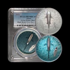 PALAU. 2021, 5 Dollars, Silver - PCGS PR70 - Top Pop 🥇 Great White Shark RARE 1