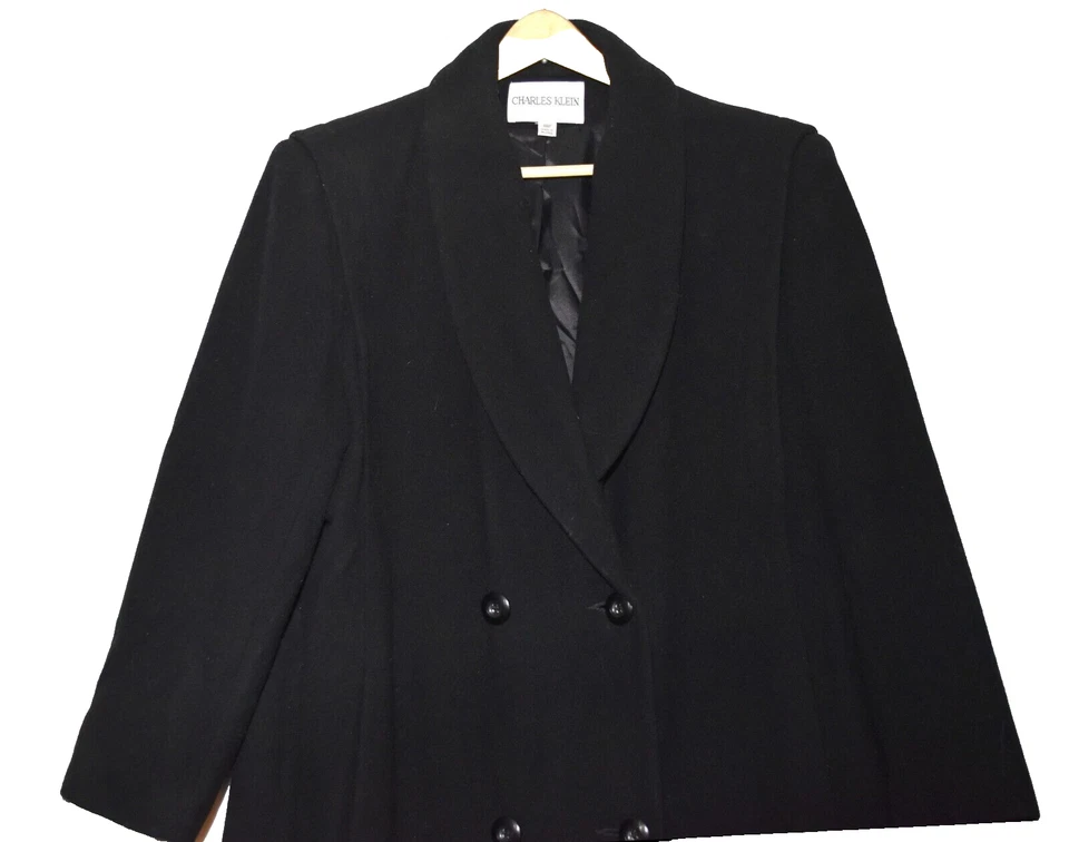 Abrigo largo vintage Charles Klein negro 100 % lana doble botonadura para mujer talla 18P Foto 2 de 4