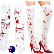 Women Halloween Party Horror Blood Splatter White Long Socks Tights stockings