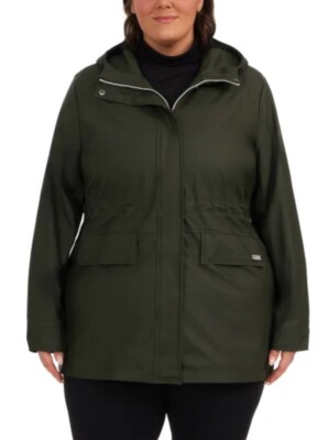 Hunter Ladies' Rubberized Hooded Rain Jacket Olive Green Water Resistant Sz 2XL