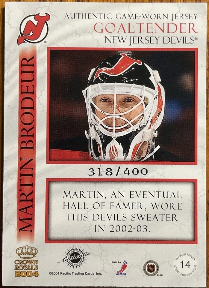 2003-04 Pacific Crown Royale Jerseys Martin Brodeur #14 #’d 318/400 Foto 2 de 2