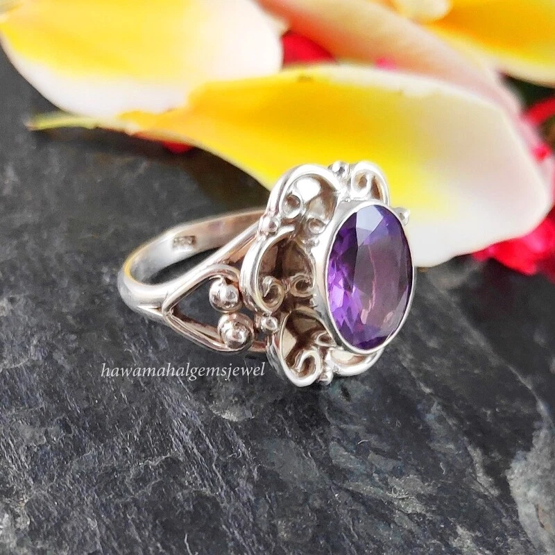 925 Silver Sterling GENUINE Amethyst Ring Round Shape HANDMADE