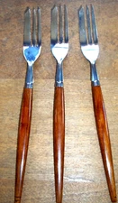 3 MCM Dutch Holland Stainless TEAK Wood Handle 3 PRONG  FORKS- EUC