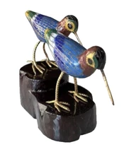 Vintage Pair Cloisonné Enameled Sandpiper Birds on Wood Stand Sculpture Figurine