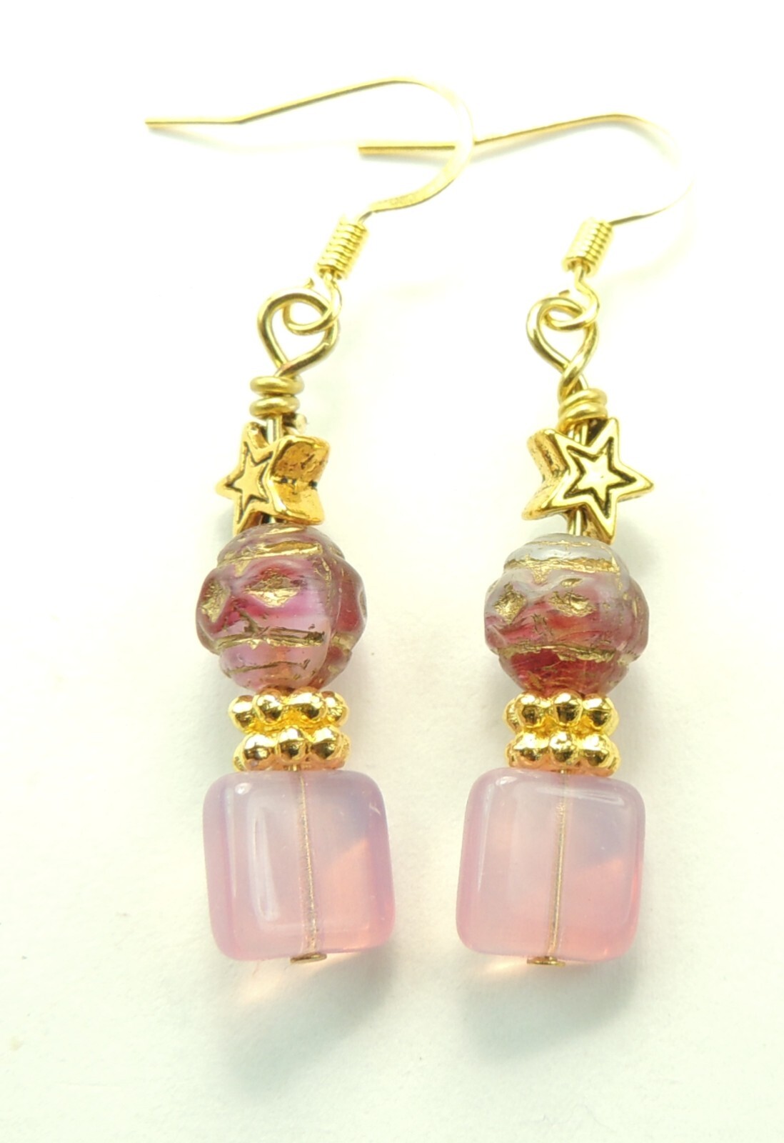 Pink Czech Glass  Earrings with Stars Handmade Jewelry