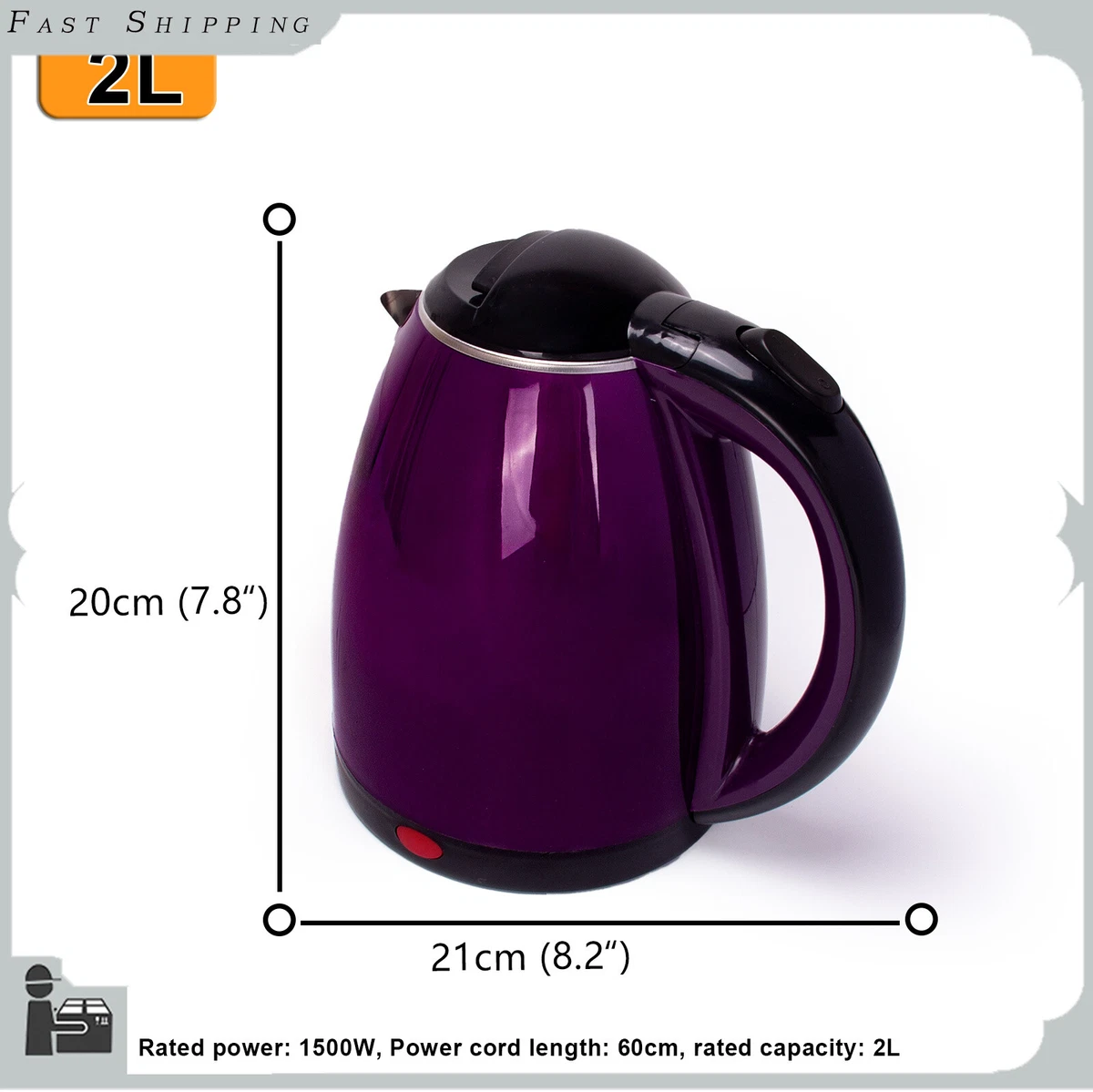 2.0L Electric Kettle Stainless Steel Cordless Jug Pink Purple Blue