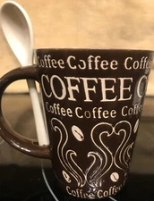 Home Essentials Cup Mug w/Spoon Brown White Coffee & Bean Design 8 oz Free Ship+