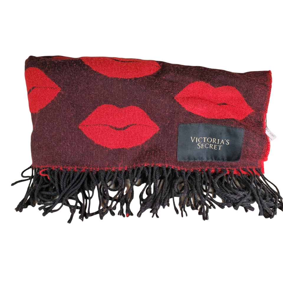 VICTORIA'S SECRET Red & Black Kisses Acrylic Blanket Throw 50 x 60