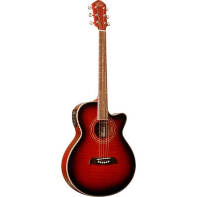 Oscar Schmidt OG10CE Concert Acoustic Electric Guitar, Flame Transparent Red