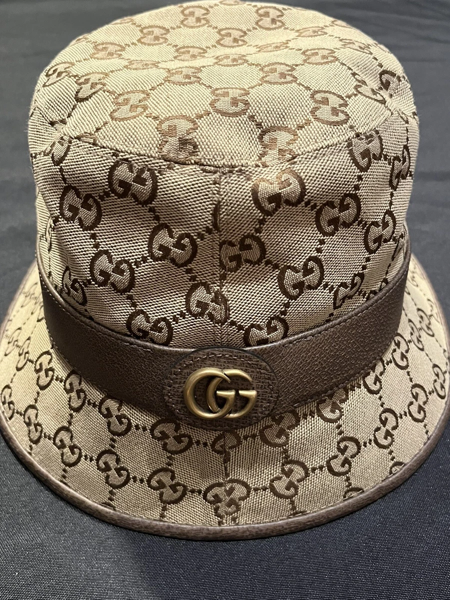 GUCCI LEATHER CANVAS SUN GG CAP 58cm MEDIUM M BUCKET FEDORA HAT
