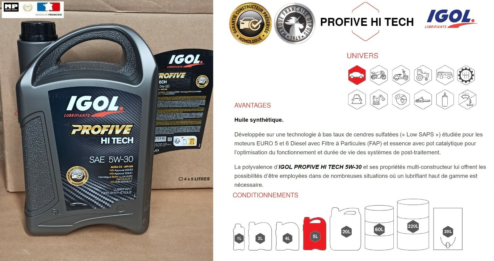 Huile auto 5W30 IGOL Profive Emeraude 5L idéale pour les longs trajets des vacances en famille