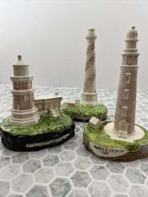 3-Ceramic Lighthouses Ponce De Leon FL-Split Rock MN-Cape Hatteras NC Stamp USA
