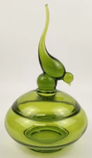 Viking Glass Epic Longtail Bird Covered Candy Dish Avocado Green Tail Chip Vtg
