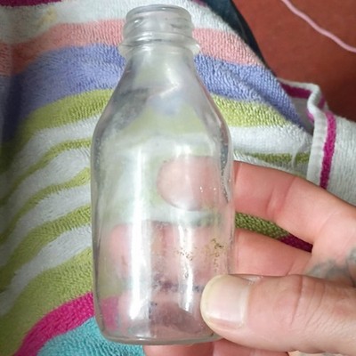Small Clear Glass Bottle, 2 oz Volume, Screw-Thread Neck, Embossed Base Marking