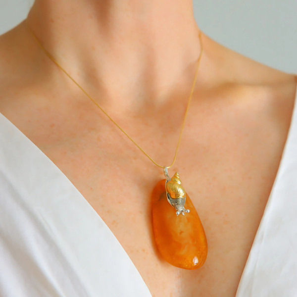 Alternate view of Baltic Amber Snail Statement Necklace 14k Gold Plated S925