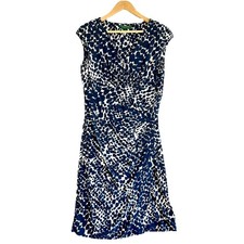 Ralph Lauren Dress 10 Navy Blue Leopard Animal Print Faux Wrap Sheath Ruched