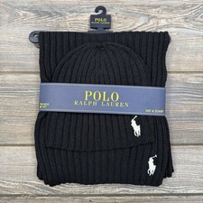 Polo Ralph Lauren Wool Blend Ribbed Knit Pony Beanie Scarf Set Black Mens NEW