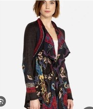 Johnny Was Embroidered Cardigan Medium Sweater Floral Peacock Rare Cotton Coat