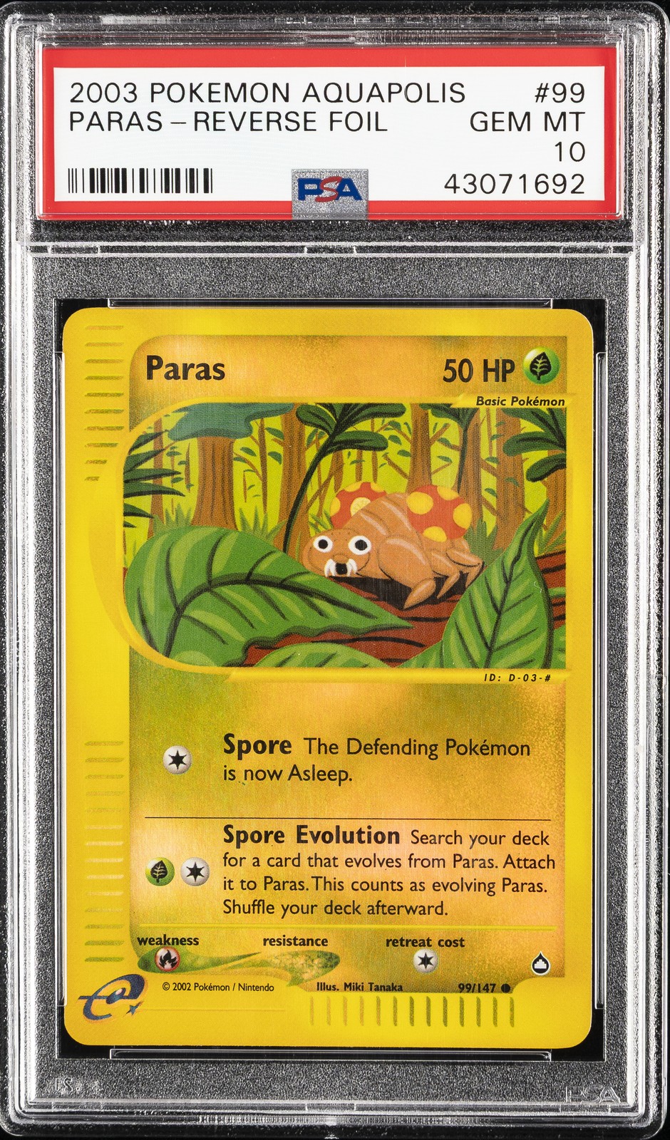 2003 POKEMON AQUAPOLIS #99 PARAS-REVERSE FOIL PSA 10