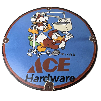 #ad #ad Vintage Ace Hardware Sign Donald Duck Walt Disney Gas Pump Porcelain Sign $117.47
