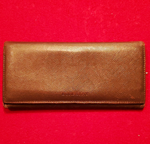 Burberry Brown Checkbook Folding Wallet w/ Plaid Pattern, Logo Accent, Cards