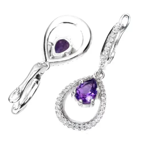 4.5Ct Pear Simulated Purple Amethyst Drop Dangle Earrings 14K Yellow Gold Plated - Image 4 of 4