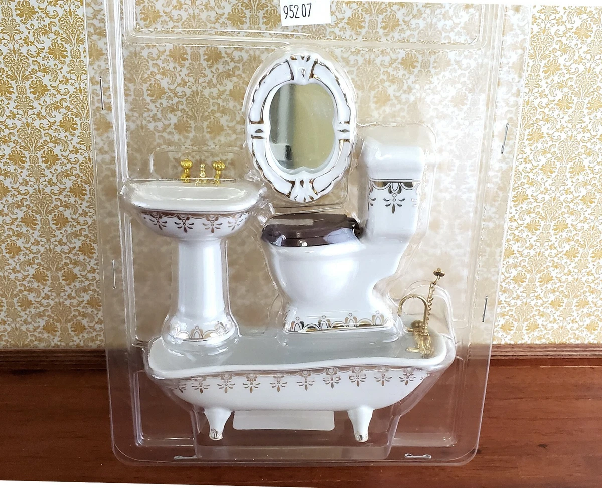 Dollhouse Miniature Bathroom Set Tub Toilet Sink Mirror White & Gold 1:12  Scale