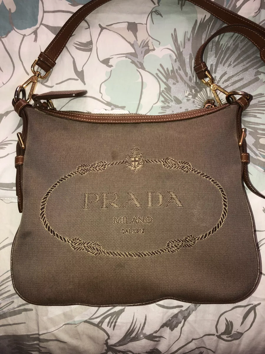 PRADA Brown Canvas Jacquard Logo Leather Crossbody Shoulder Bag With  Dustbag