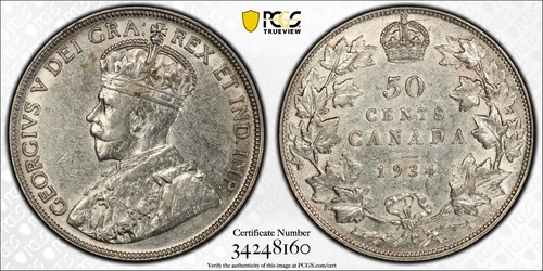 1934 Canada 50 Cents - About Uncirculated, PCGS AU50