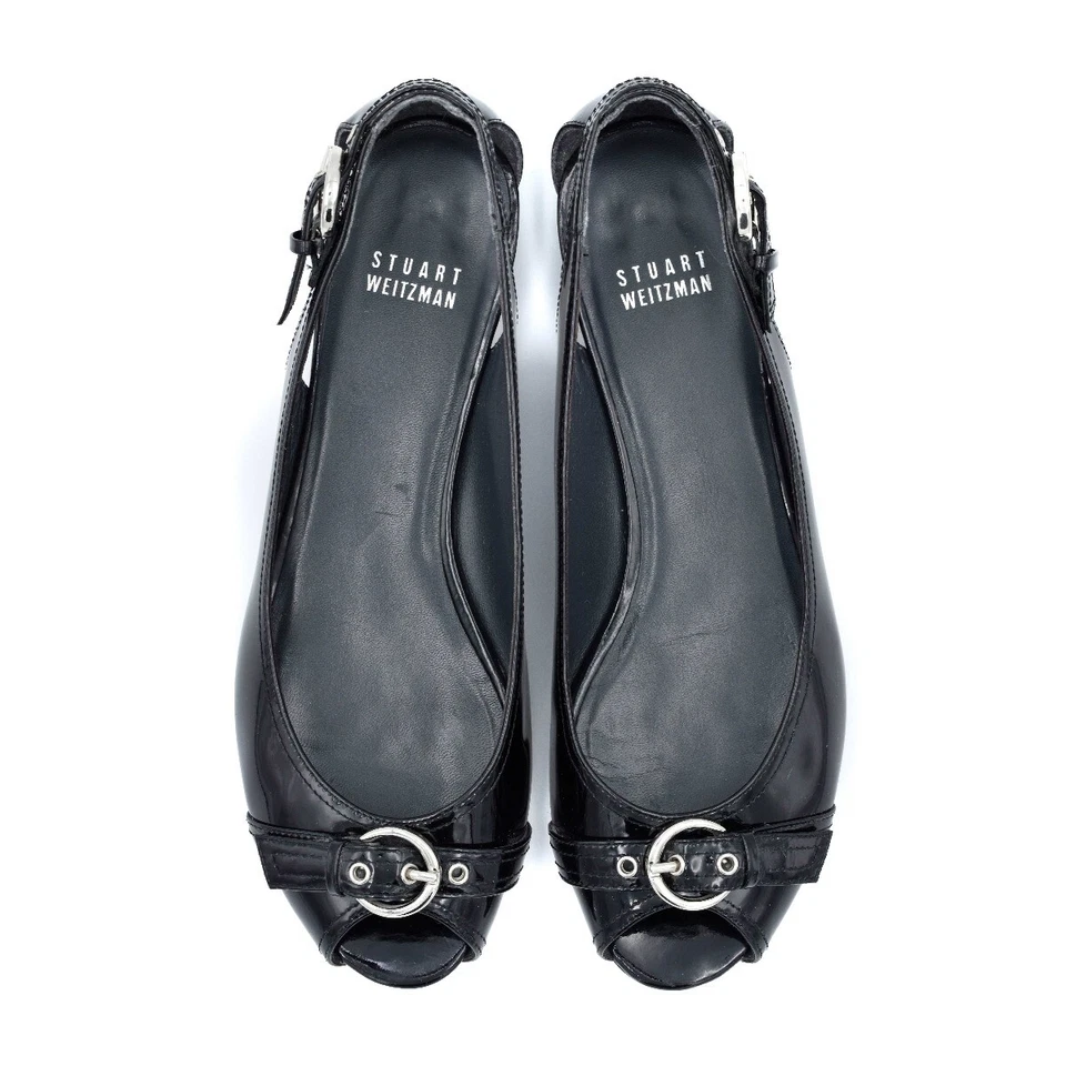 Stuart Weitzman Black Patent Leather Chit Chat Open Toe Peep Toe Flats size 8 M - Image 2 of 4