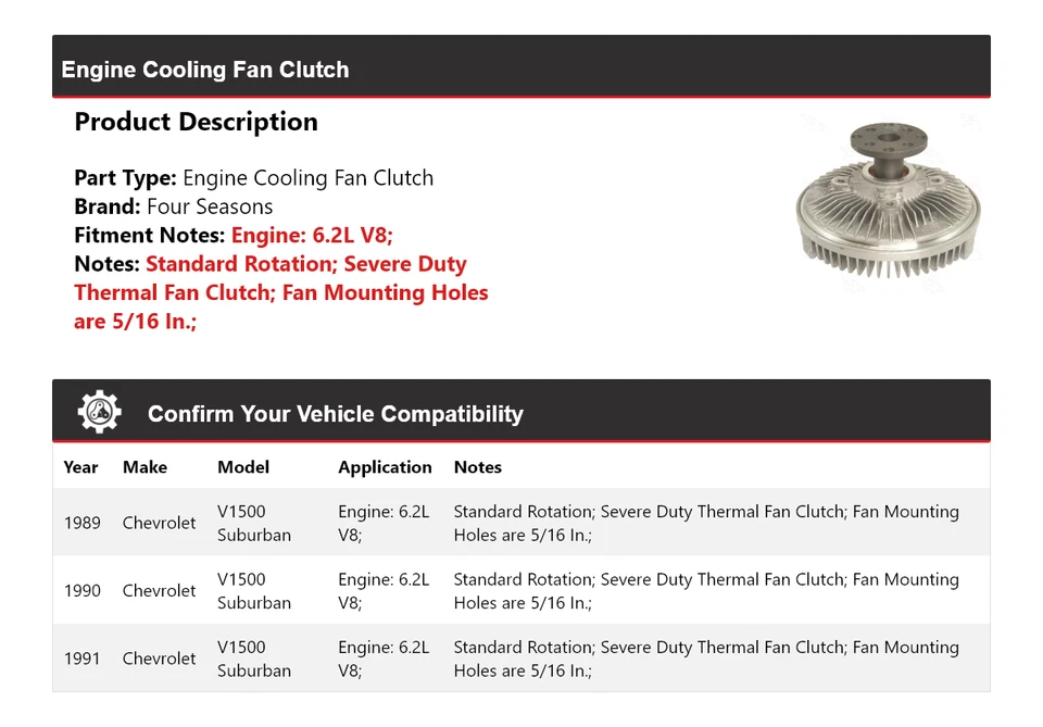 Embrague ventilador refrigeración motor 6,2 L 4 estaciones Chevrolet V1500 Suburban 1989-1991 Foto 2 de 4