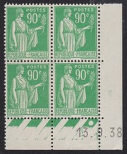 bloc 4 timbres France en coin daté 1938 Type Paix 90c vert Y&T n°367