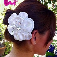 White Bridal Hair Comb, Swarovski Crystal and Beads Satin Flower