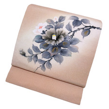 NAGOYA OBI Japanese Kimono/Camellia Motif/Chirimen Crepe/Pink Beige/Artisan