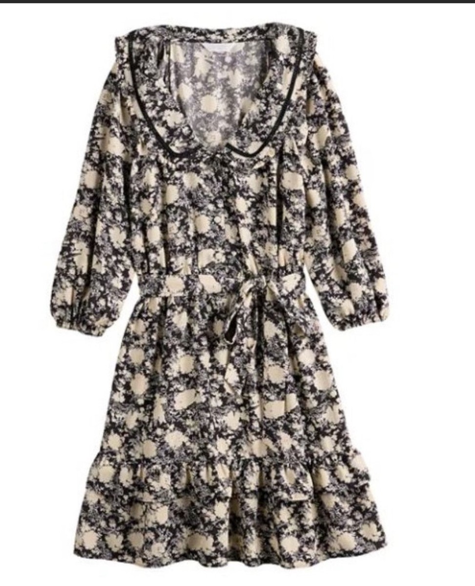 LC Lauren Conrad Dress Black/Cream Prairie Balloon Sleeve Collar