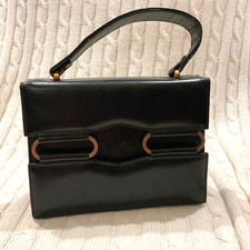 Vintage RR Brand Small Handbag Purse Black Leather Gold Metal Detail