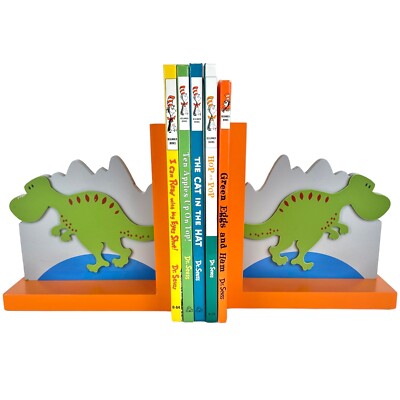 CREATIVE CONCEPTS For Kids   T-Rex Dinosaur Wood Bookends   Orange Green Blue