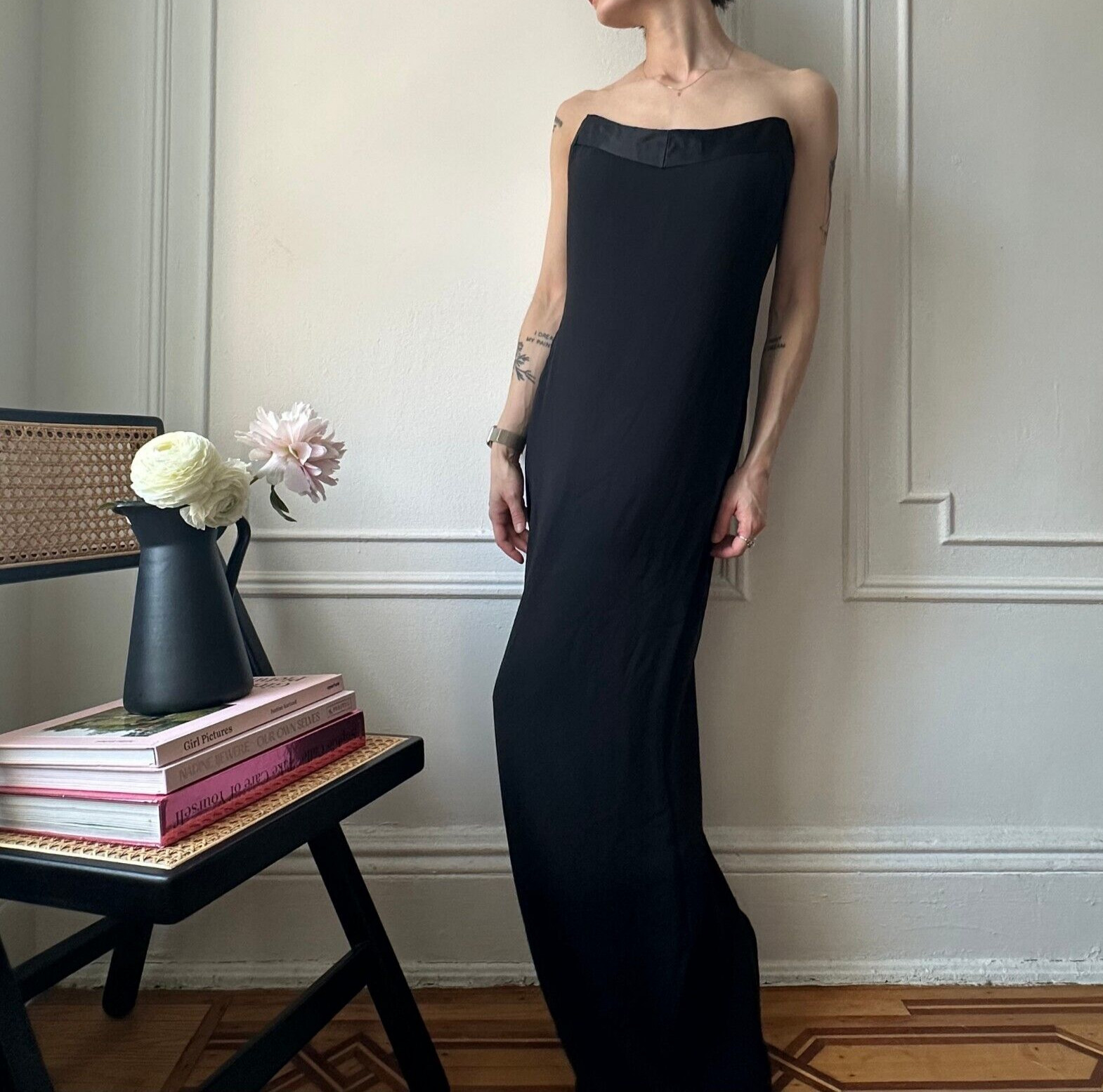 90s Vintage Calvin Klein Black Strapless Silk Chiffon Maxi Gown