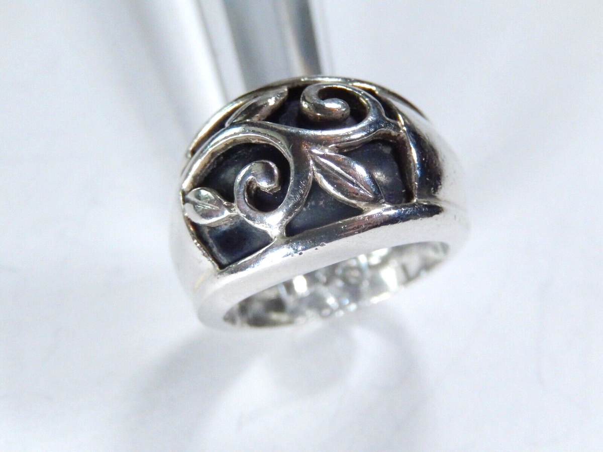 Vintage Sterling Silver Domed Tapered Band FLORAL LEAF SCROLL Ring 