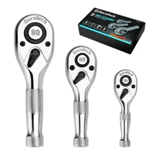 DURATECH 3PCS Stubby Ratchet Wrench Set 90-Tooth 1/4" 3/8" 1/2" Dr Socket Wrench